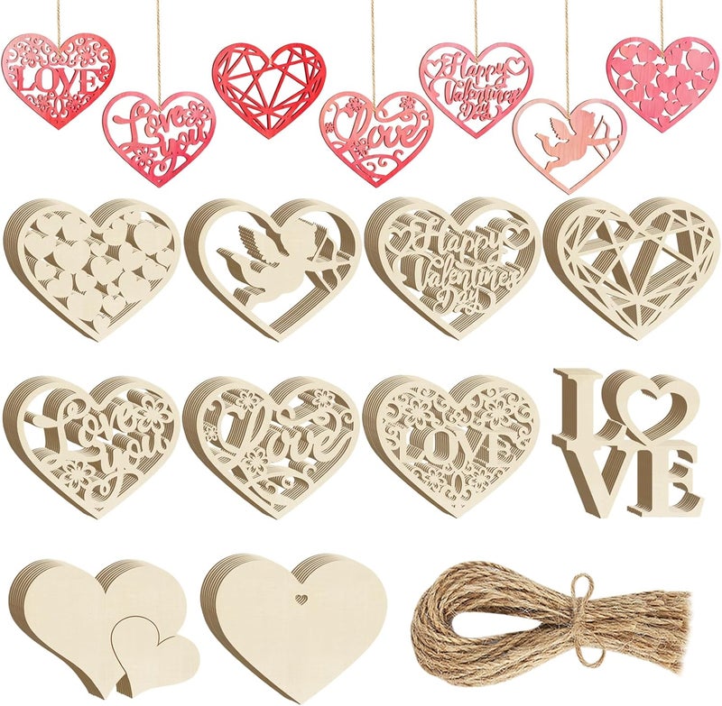 Sophena 80PCS Wooden Heart Ornaments to Paint Valentine's Day Craft,10 Styles DIY Blank Unfinished Wood Heart Cutouts Ornament for Crafts Spring Tree Hanging Decorations Love - Image 1